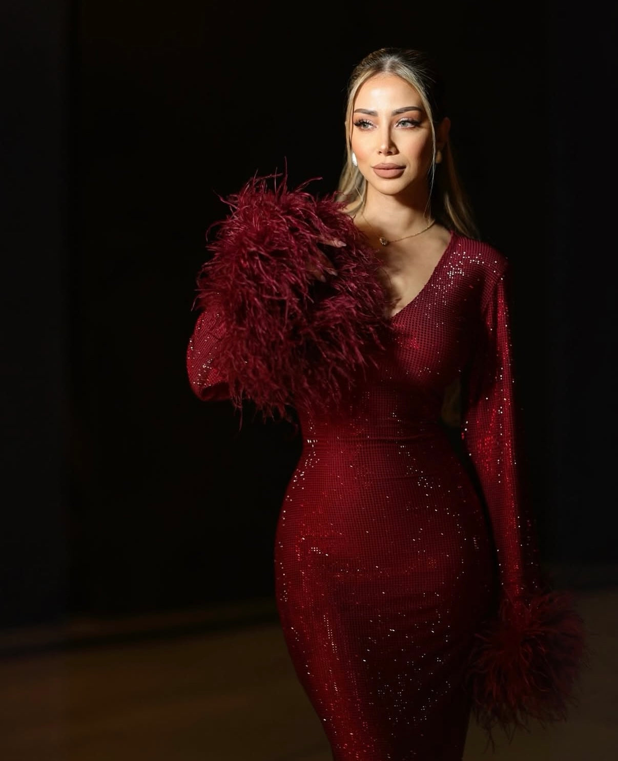burgundy feather dress self-portrait - Burgundy Chiffon Feather Midi Dress