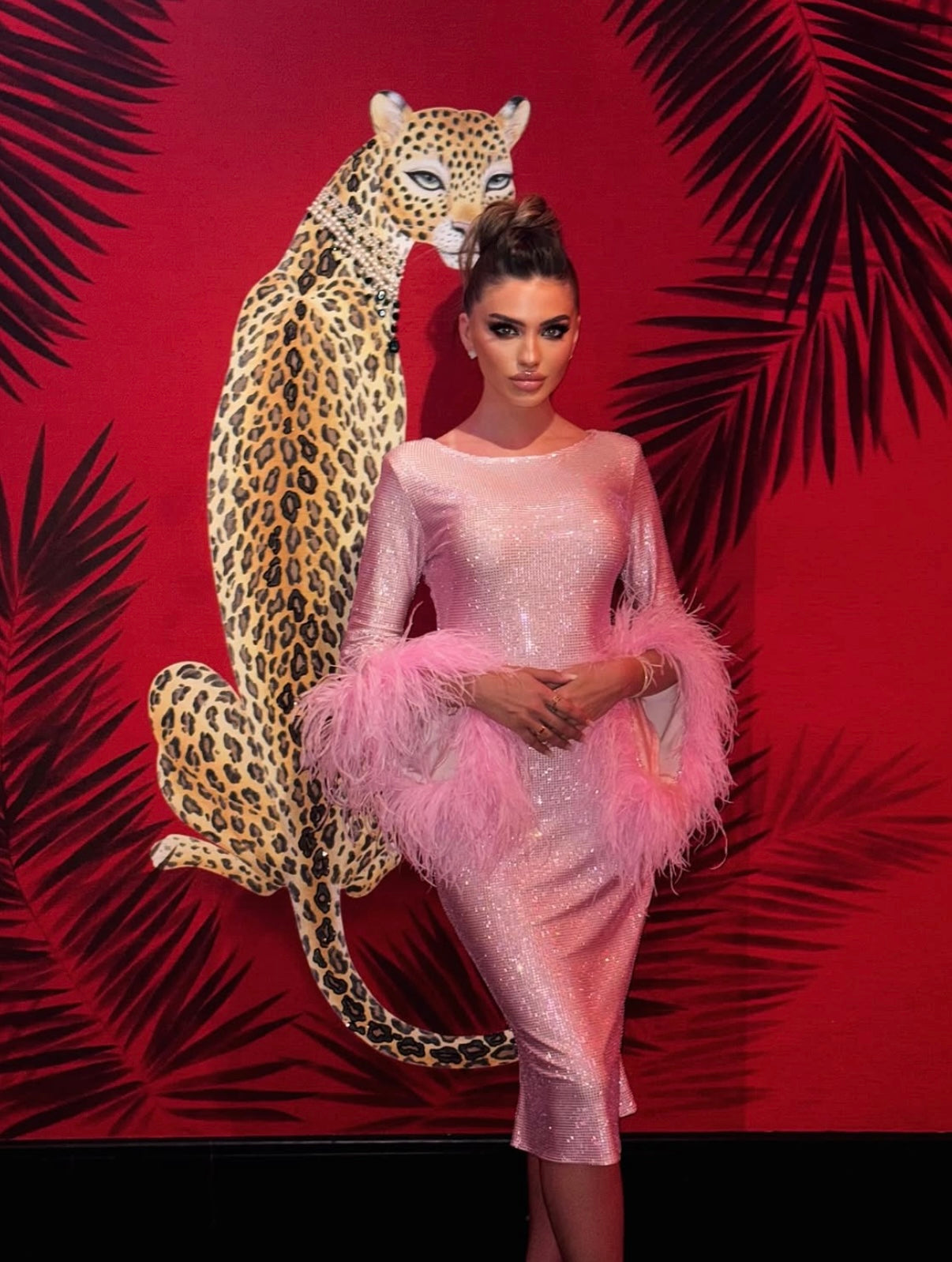 Beige Dress With Feathers.
