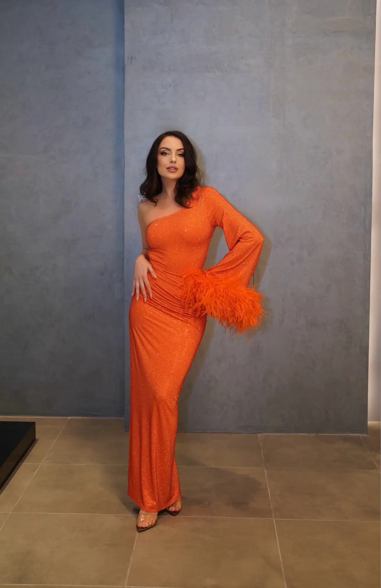 Orange Crystal Embellished Dress With Feather – Miron Orange Crystal Embellished Dress With Feather – Miron