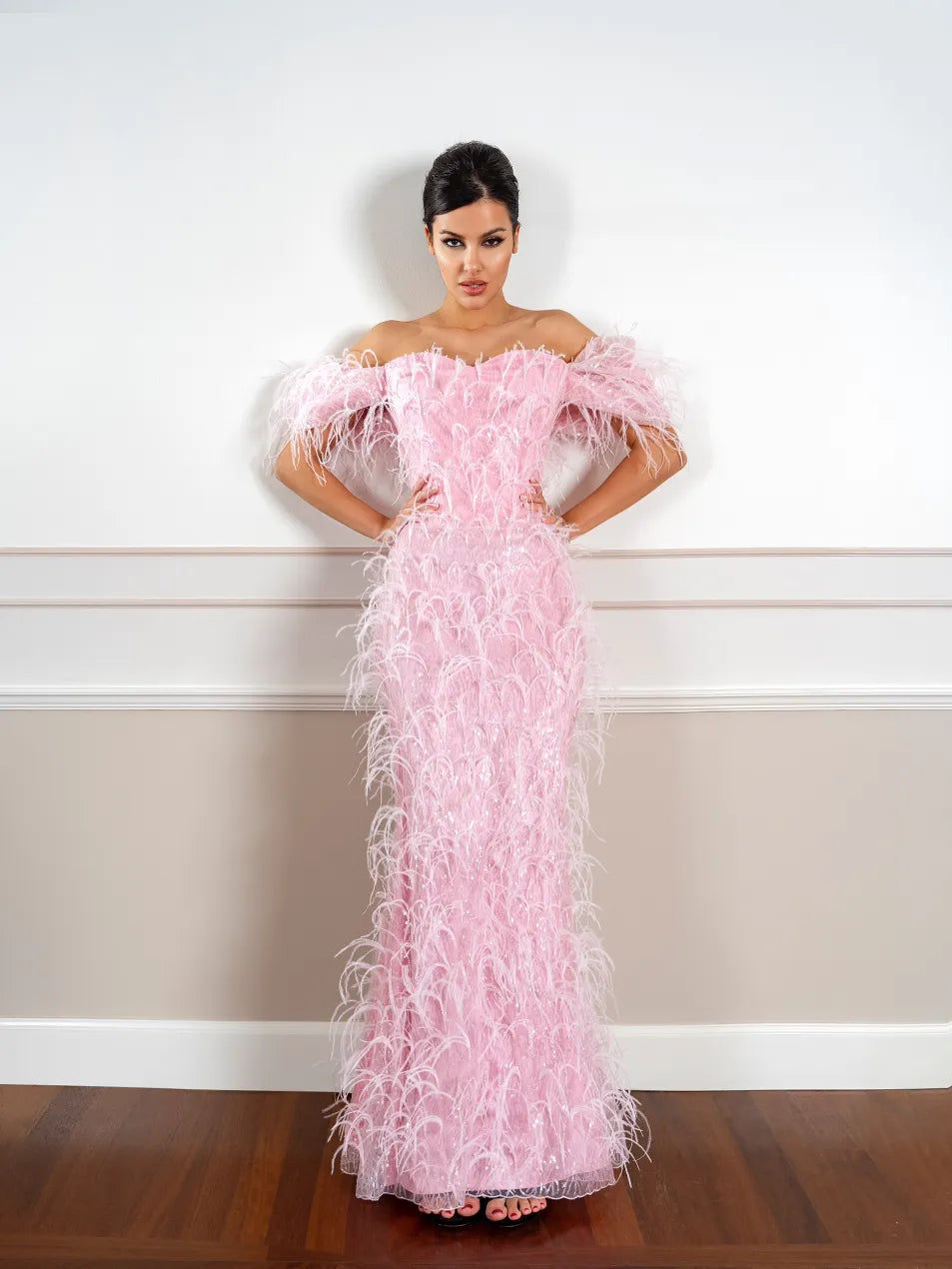 Pink Off-Shoulder Beaded Dress W/Feather Miron Pink Off-Shoulder Beaded Dress W/Feather Miron