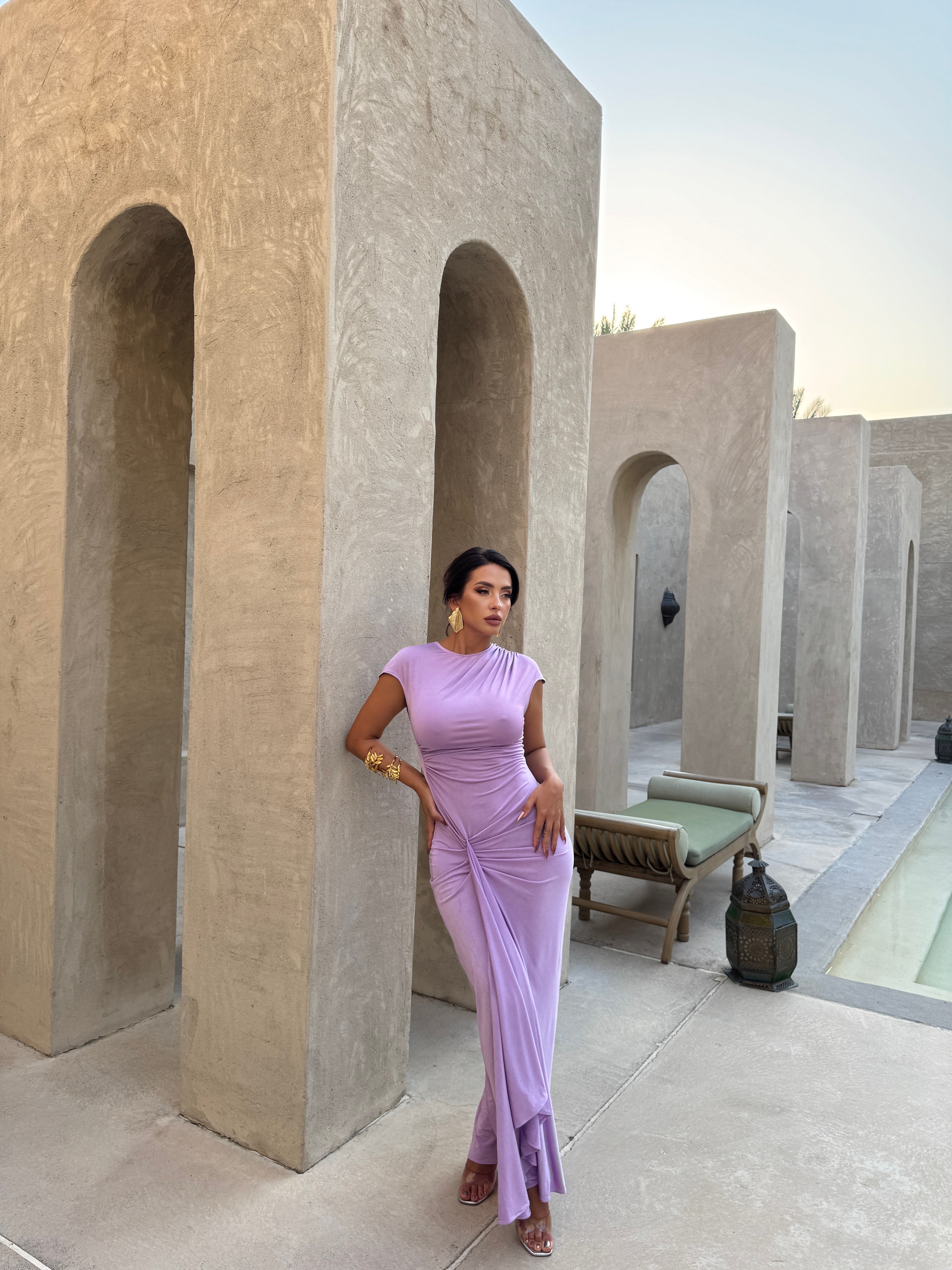 Purple long dress.