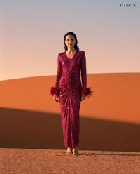 Miron Burgundy Dress W/Feathers ED-BRD-016 - desert dunes