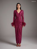 Miron Burgundy Dress W/Feathers ED-BRD-016 - studio front view