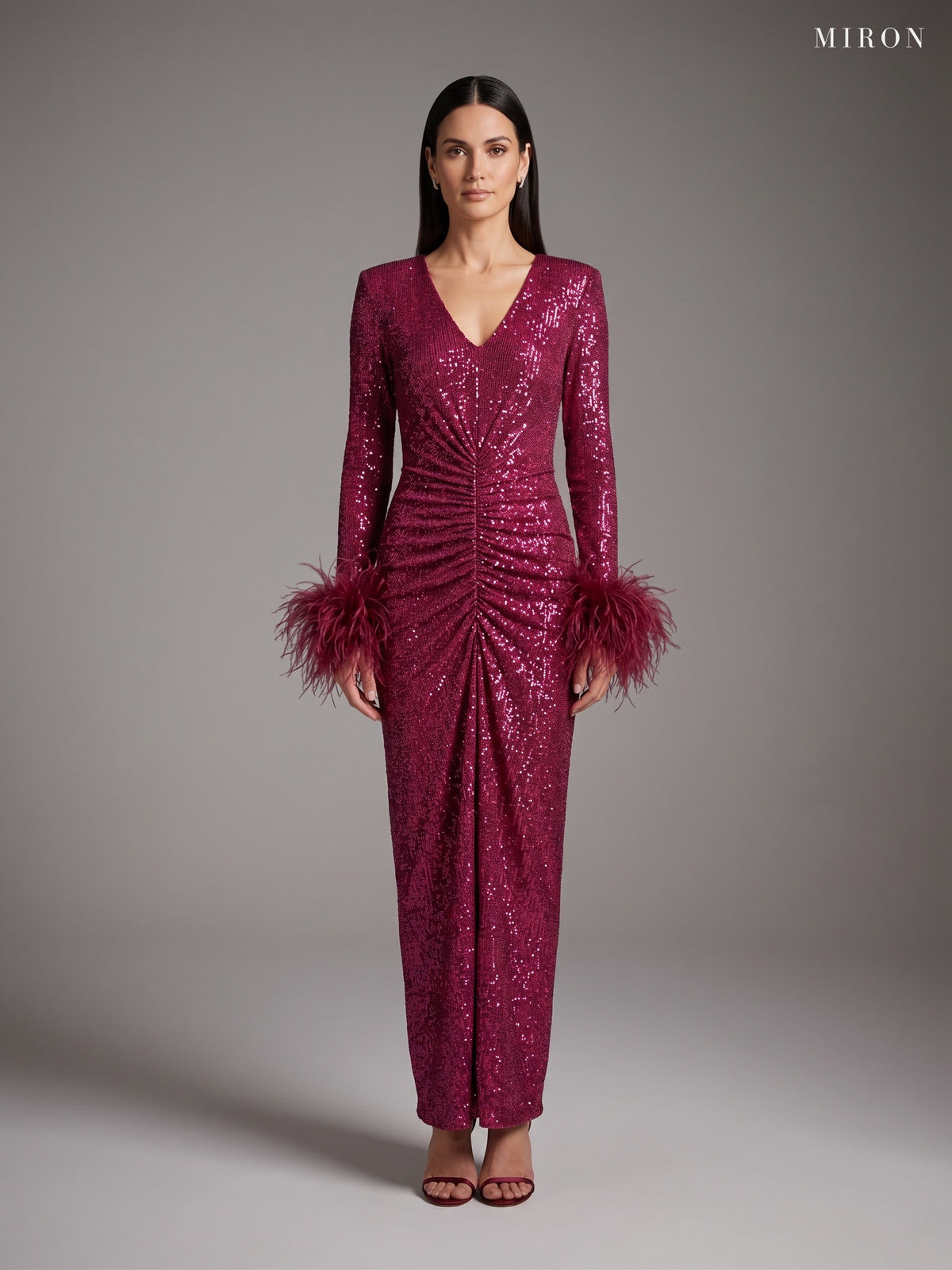 Miron Burgundy Dress W/Feathers ED-BRD-016 - studio front view