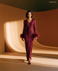 Miron Burgundy Dress W/Feathers ED-BRD-016 - beige studio