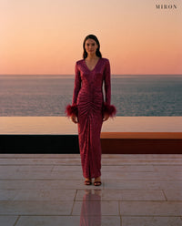 Miron Burgundy Dress W/Feathers ED-BRD-016 - pool terrace at dusk