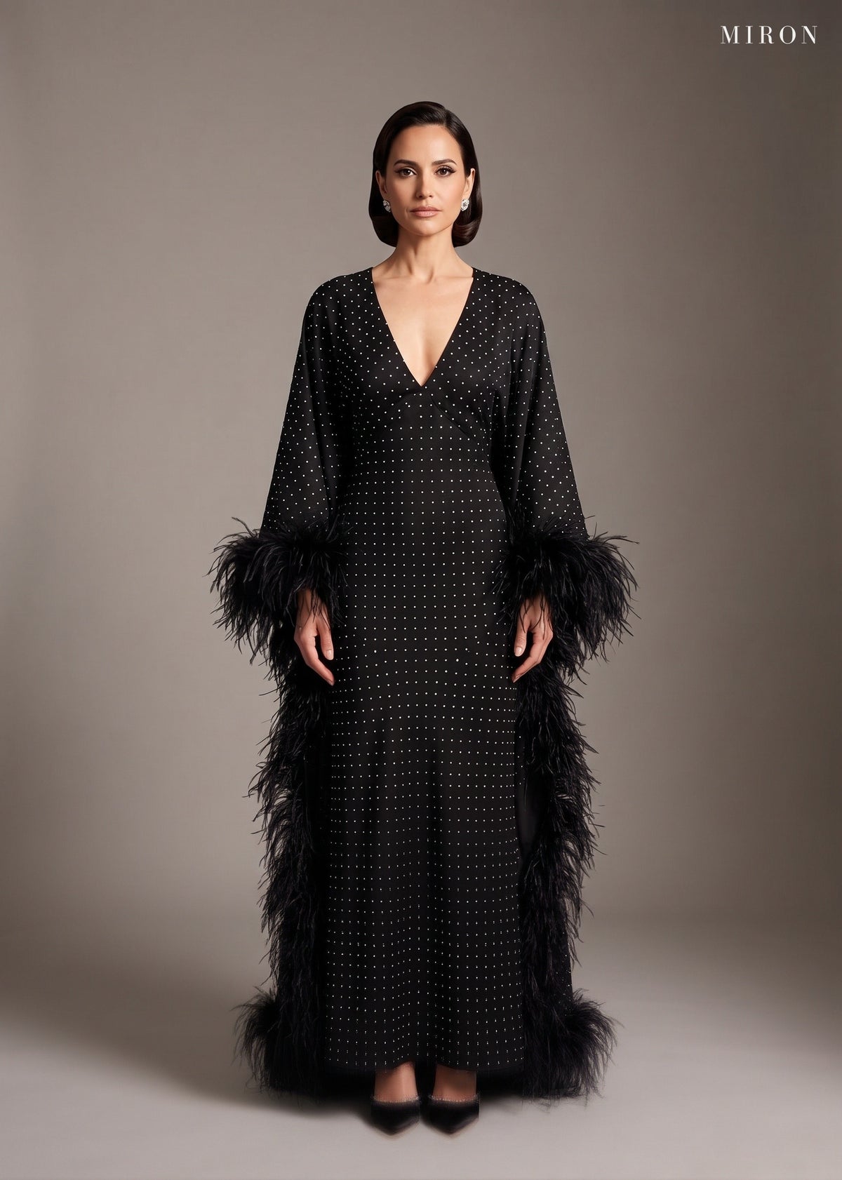 Miron Black Silk Dress With Cape ED-BLK-008 - studio front view