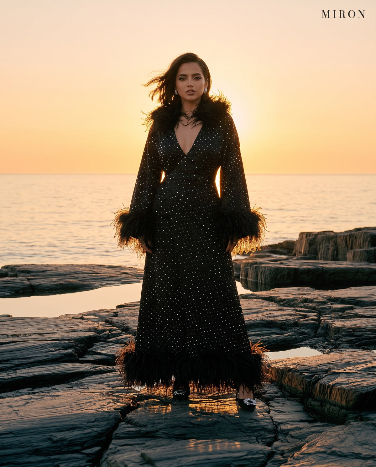 Miron Black Silk Dress With Cape ED-BLK-008 - sea rocks at sunset