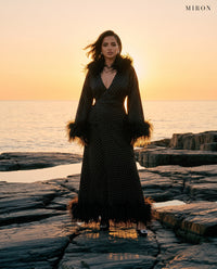 Miron Black Silk Dress With Cape ED-BLK-008 - sea rocks at sunset