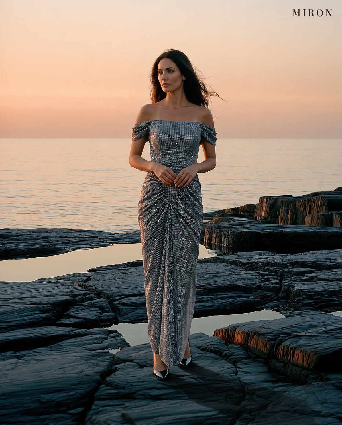 Miron Corset Long Dress ED-MIX-003 - sea rocks at sunset