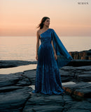 Miron Blue Metallic One-Shoulder Pleated Gown ED-TEAL-099 - seaside at sunset
