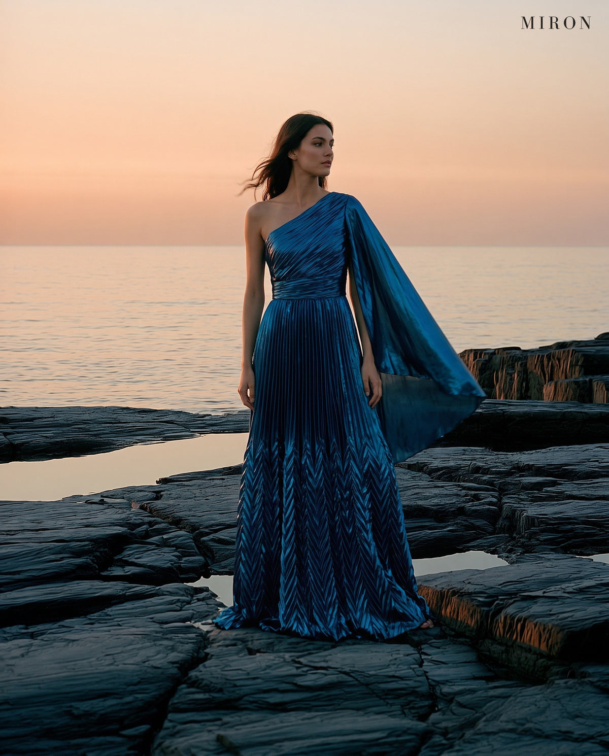 Blue Metallic One-Shoulder Pleated Gown