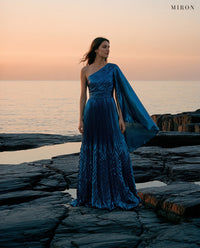 Miron Blue Metallic One-Shoulder Pleated Gown ED-TEAL-099 - seaside at sunset