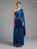 Miron Blue Metallic One-Shoulder Pleated Gown ED-TEAL-099 - studio front view