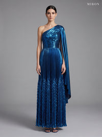 Miron Blue Metallic One-Shoulder Pleated Gown ED-TEAL-099 - studio front view