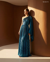 Miron Blue Metallic One-Shoulder Pleated Gown ED-TEAL-099 - terracotta wall