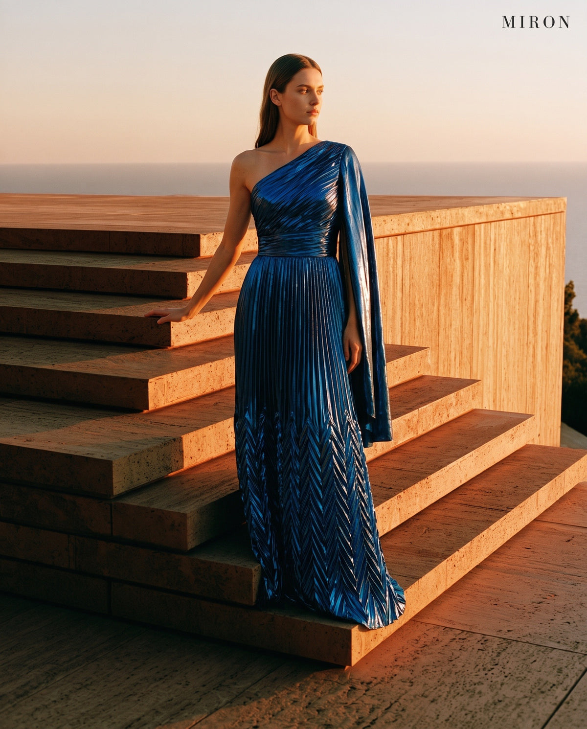 Miron Blue Metallic One-Shoulder Pleated Gown ED-TEAL-099 - seaside steps