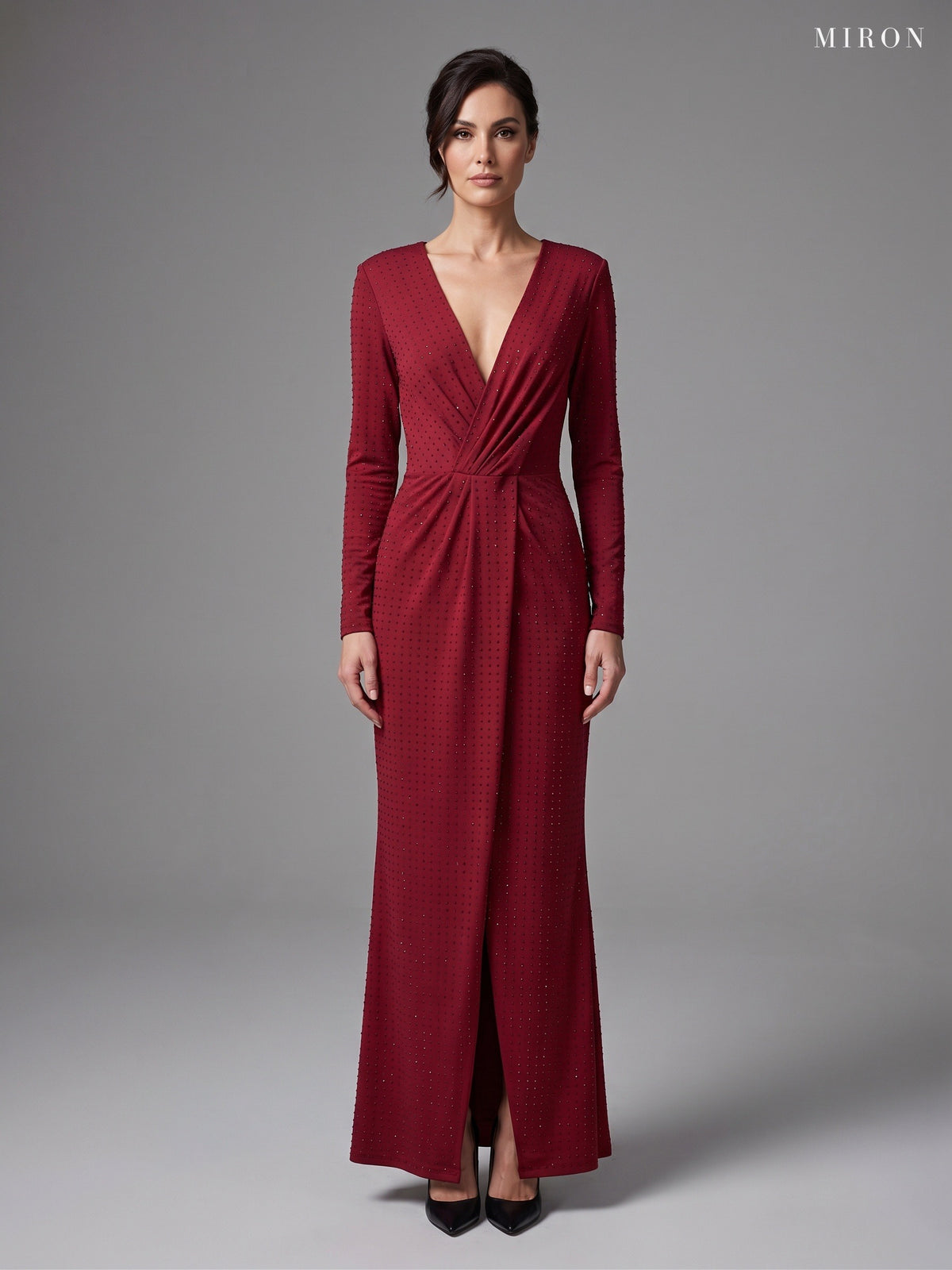 Miron Burgundy Crystal Jersey Gown ED-RED-079 - studio front view