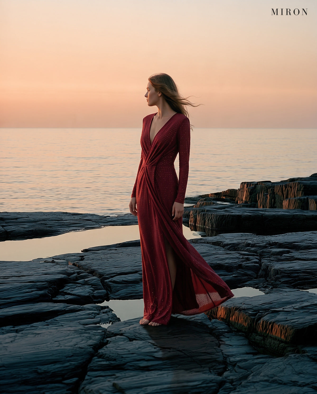 Miron Burgundy Crystal Jersey Gown ED-RED-079 - seaside at sunset