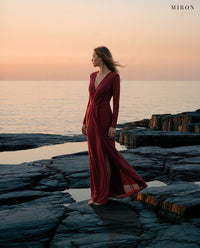 Miron Burgundy Crystal Jersey Gown ED-RED-079 - seaside at sunset