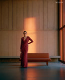 Miron Burgundy Crystal Jersey Gown ED-RED-079 - interior with sofa