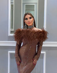 brown dress with feather trim Kaftan Dress - Wedding Guest & Party - Feather Trim Batwing Sleeves - Glossy Satin - US 10