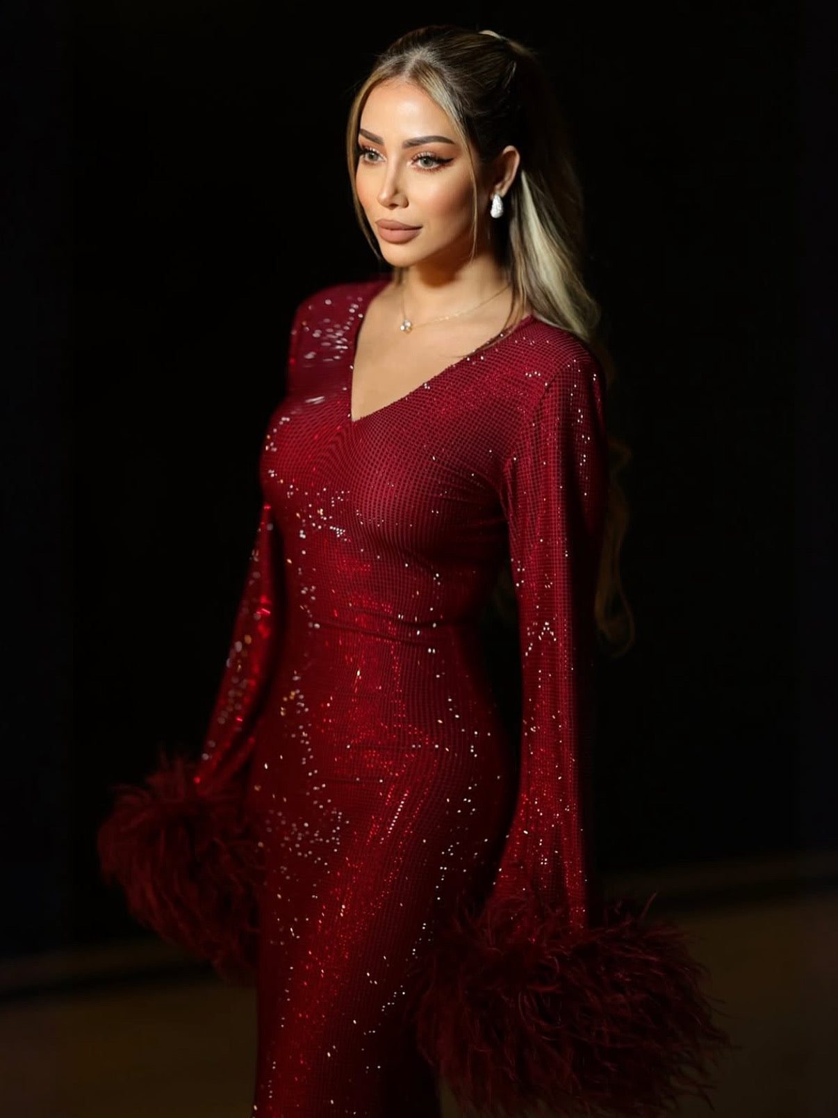 Burgundy Dress W/Feathers
