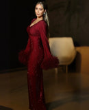 Burgundy Dress W/Feathers