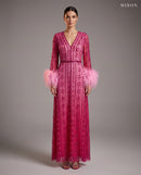 Miron Pink Beaded Dress with Feather ED-PNK-052 – studio front view