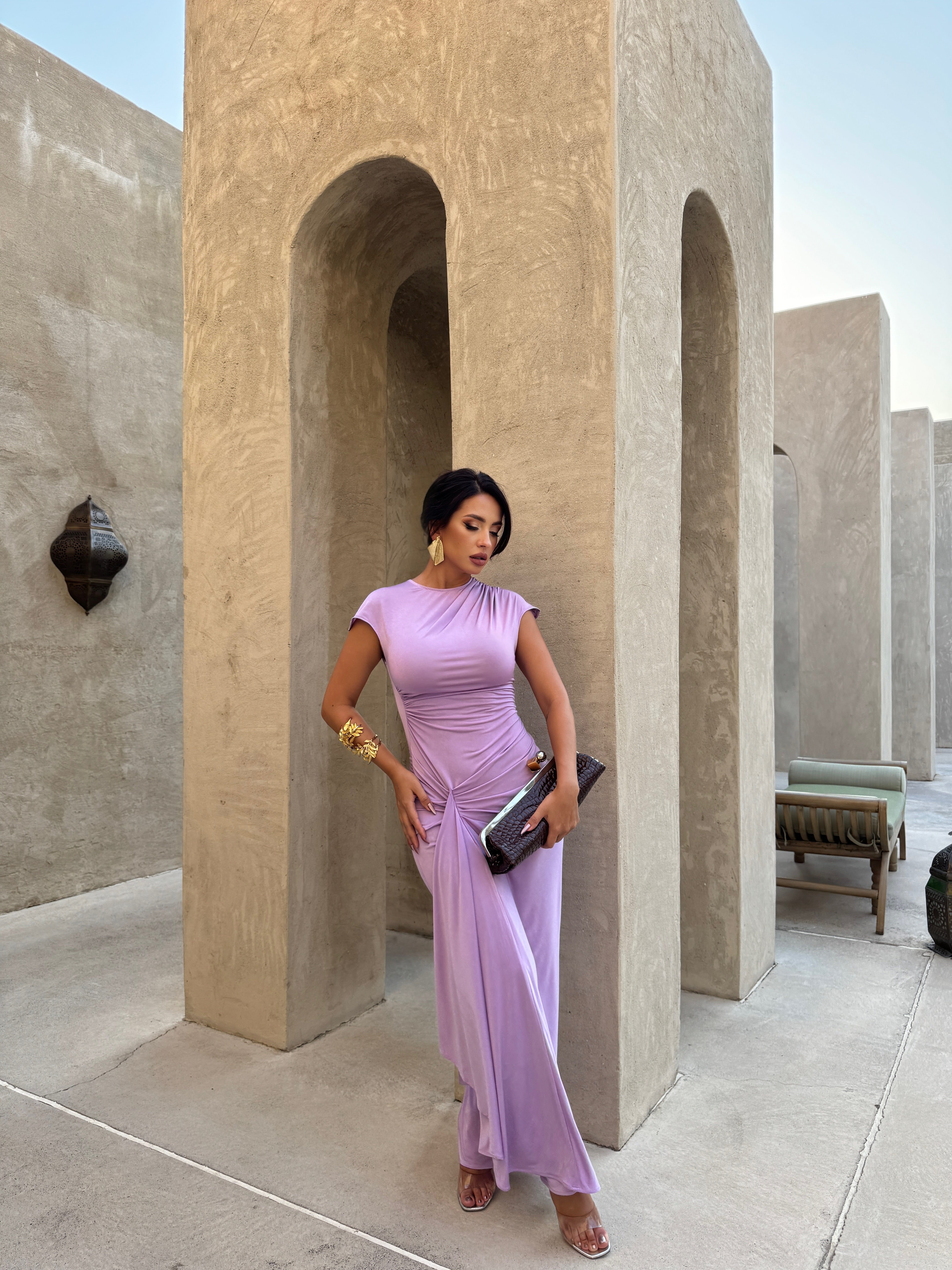 Purple long dress.
