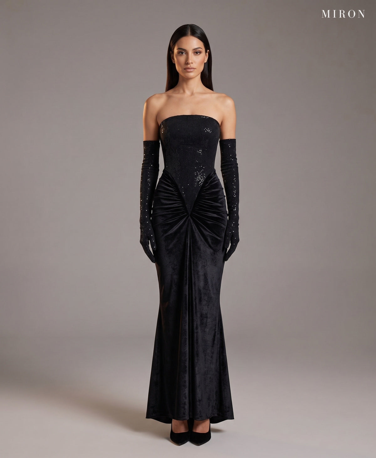 Miron Black Velvet Dress with Gloves ED-BLK-105 - studio front view