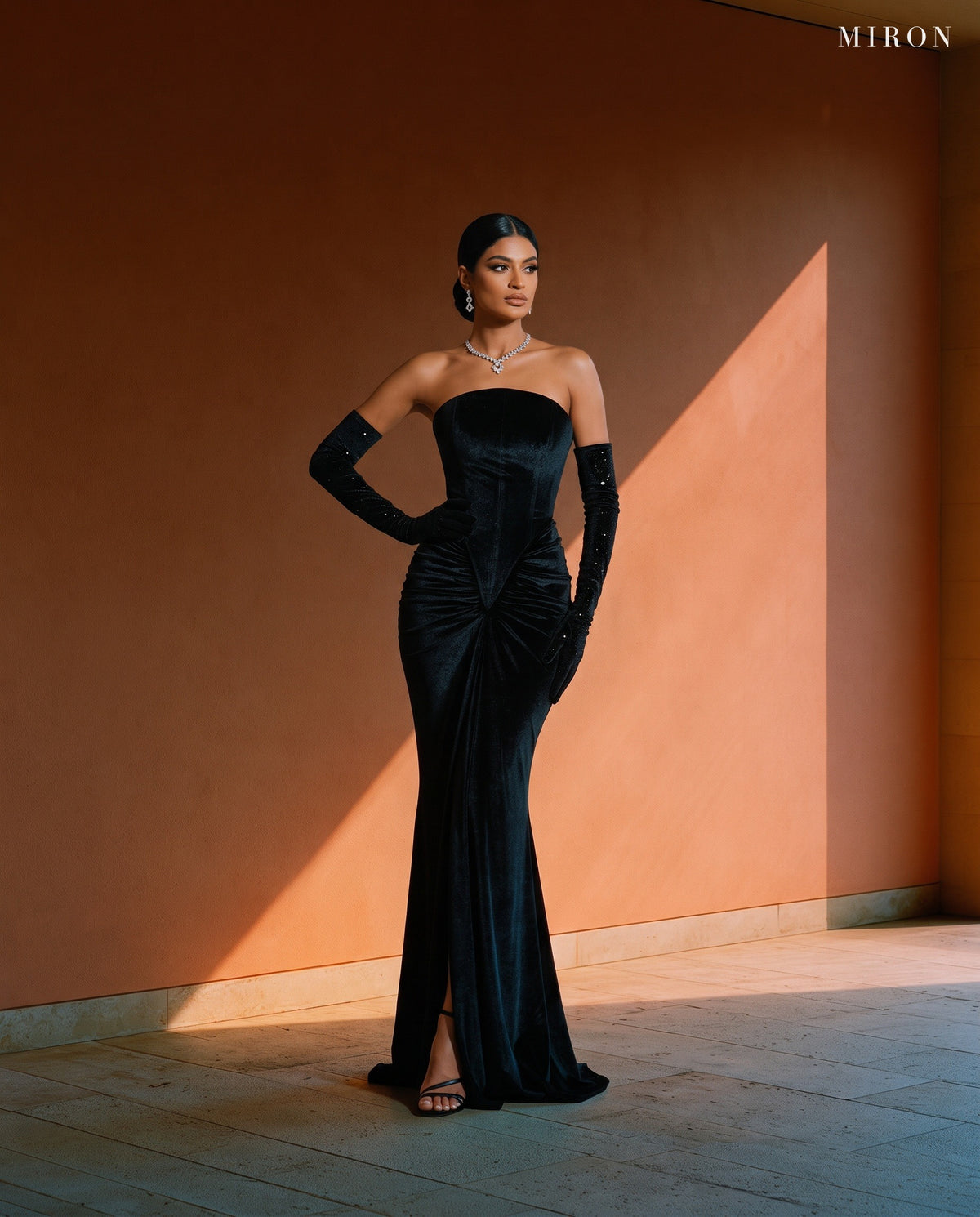 Miron Black Velvet Dress with Gloves ED-BLK-105 - terracotta wall