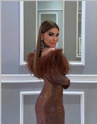 Brown Dress W/Feathers . Miron Brown Dress W/Feathers . Miron