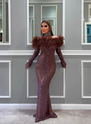 Brown Dress W/Feathers .