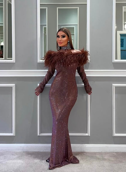 Brown Dress W/Feathers . – Miron
