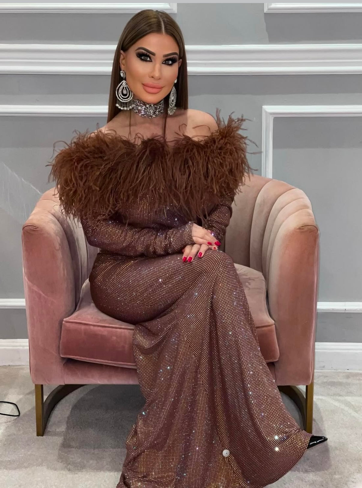 Brown Dress W/Feathers . Miron Brown Dress W/Feathers . Miron