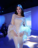 Gold Crystal-Embellished Dress W/Feathers