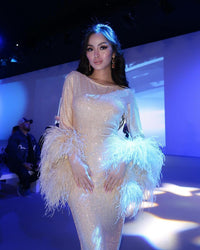 Gold Crystal-Embellished Dress W/Feathers