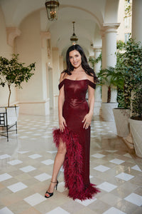 Corset dress with feathers.