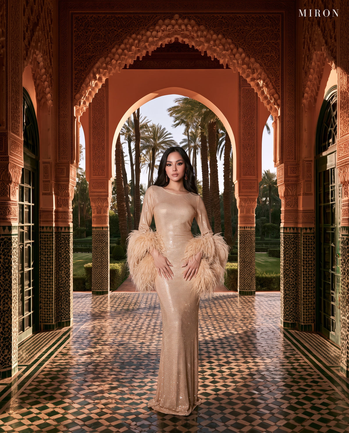 Miron Beige Crystal-Embellished Dress With Feathers ED-BEG-012 – La Mamounia terrace, Marrakech