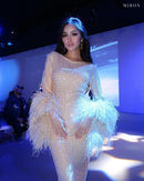 Miron Beige Crystal-Embellished Dress With Feathers ED-BEG-012 – original photo