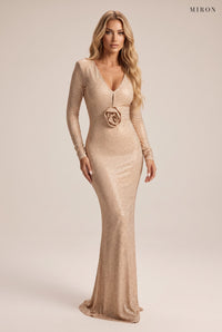 Miron Beige Crystal Embellished Gown ED-BEG-101 – studio front view