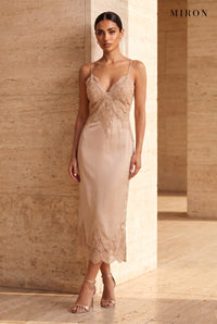 Champagne Lace V-Neck Slip Dress – worn by model, travertine setting