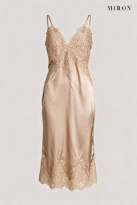 Champagne Lace V-Neck Slip Dress – front view