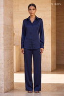 Navy Satin Lace-Back Shirt & Trouser Set – worn by model, travertine setting