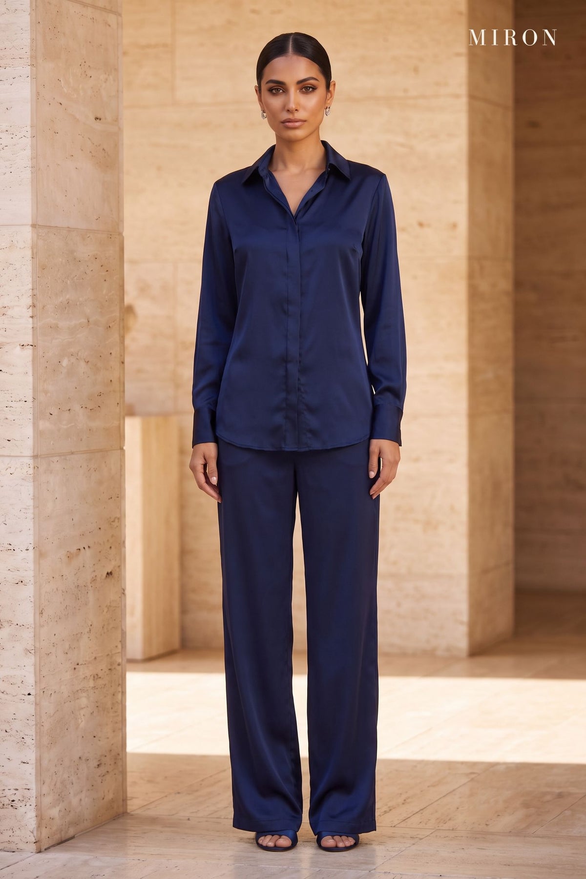Navy Satin Lace-Back Shirt & Trouser Set – worn by model, travertine setting