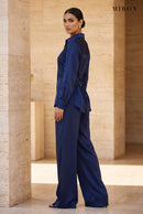 Navy Satin Lace-Back Shirt & Trouser Set – worn by model, travertine setting