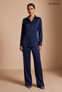 Navy Satin Lace-Back Shirt & Trouser Set – studio, front