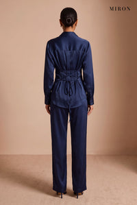 Navy Satin Lace-Back Shirt & Trouser Set – studio, back