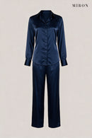 Navy Satin Lace-Back Shirt & Trouser Set – front view